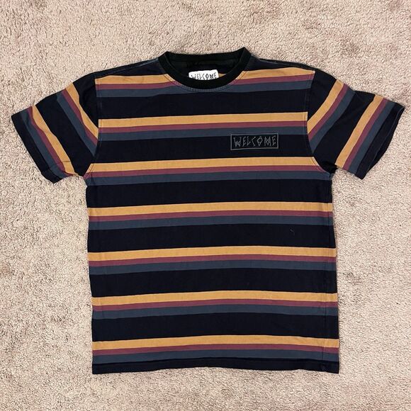 Welcome Skateboards Striped T-Shirt Men’s M Multi-Color Embroidered Streetwear - Picture 1 of 6